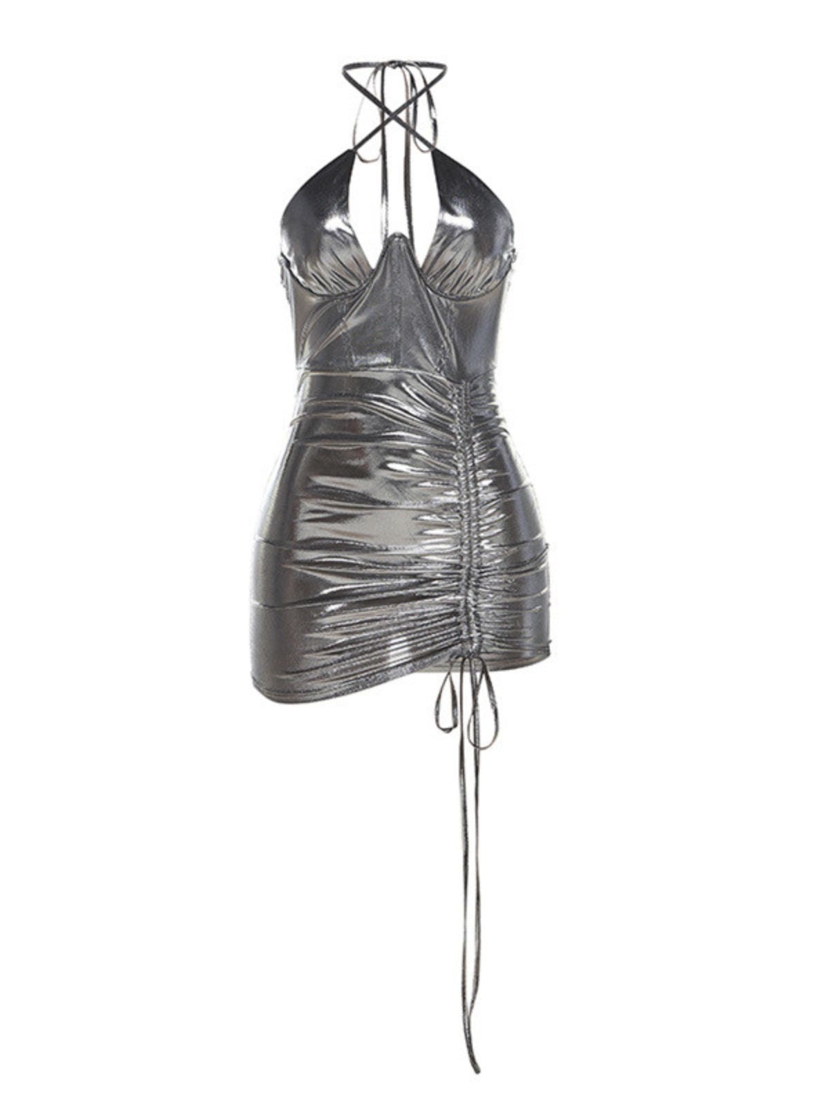 Bowen Metallic Ruched Mini Dress In Grey - View 6