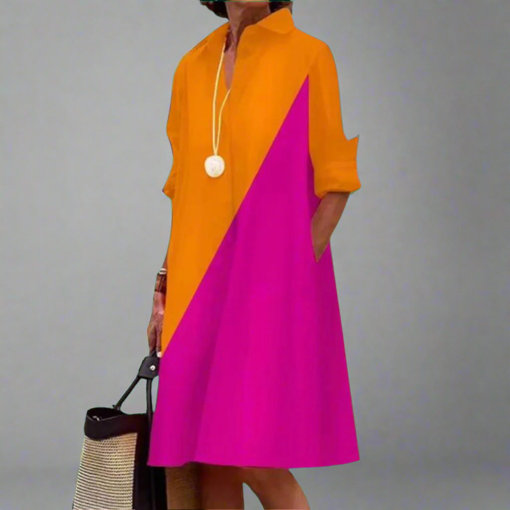 Eska - Gradient 3D Printed Mid-Calf Dress Orange Pink