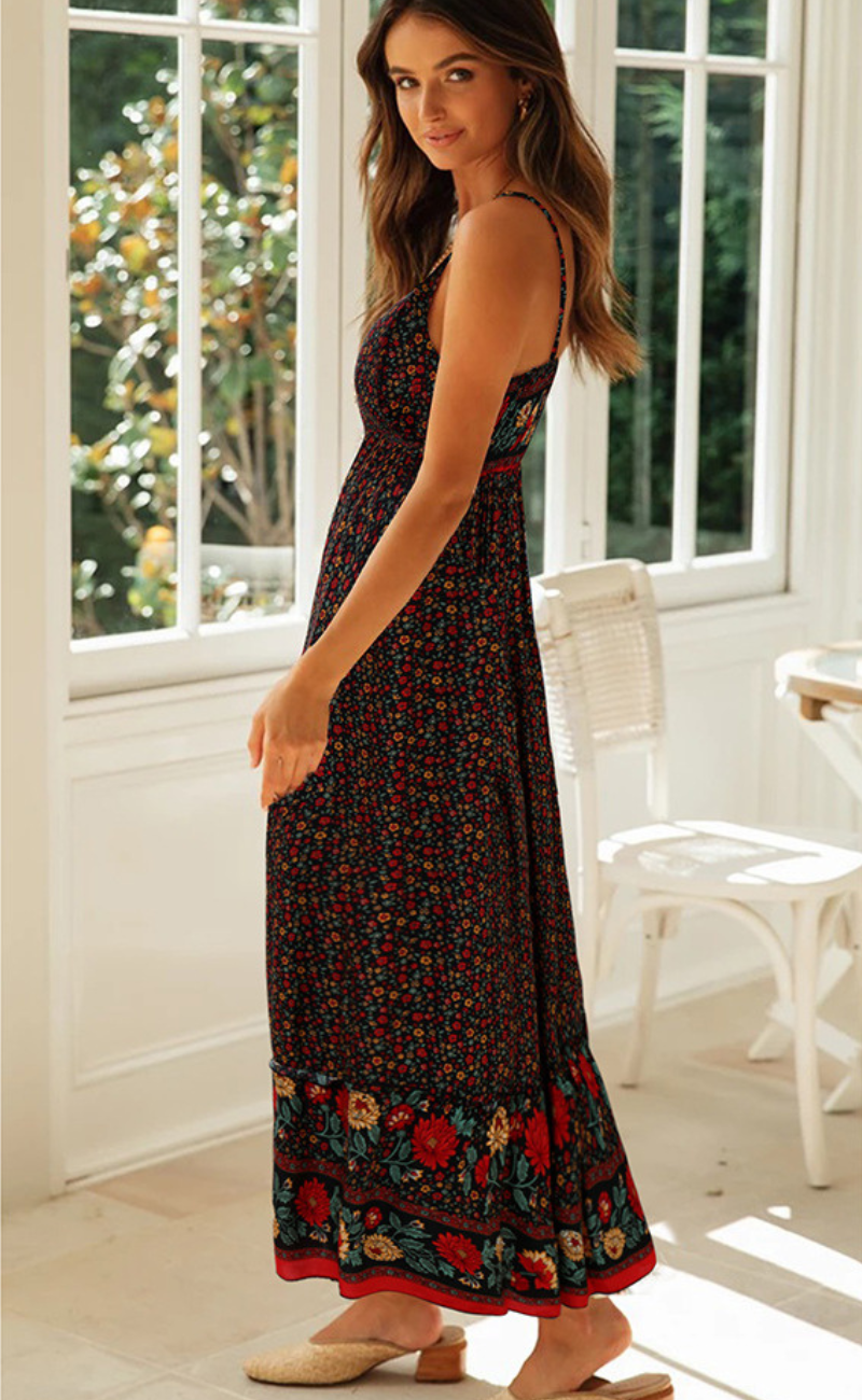 Floral Print Spaghetti Strap V-Neck Border Hem Tiered Ruffle Maxi Dress