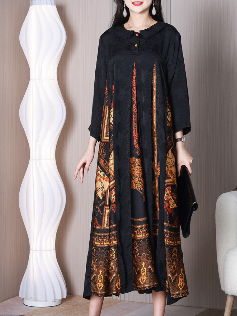 Jacquard Floral Peter Pan Collar Button Front Border Print Panel A-Line Maxi Dress