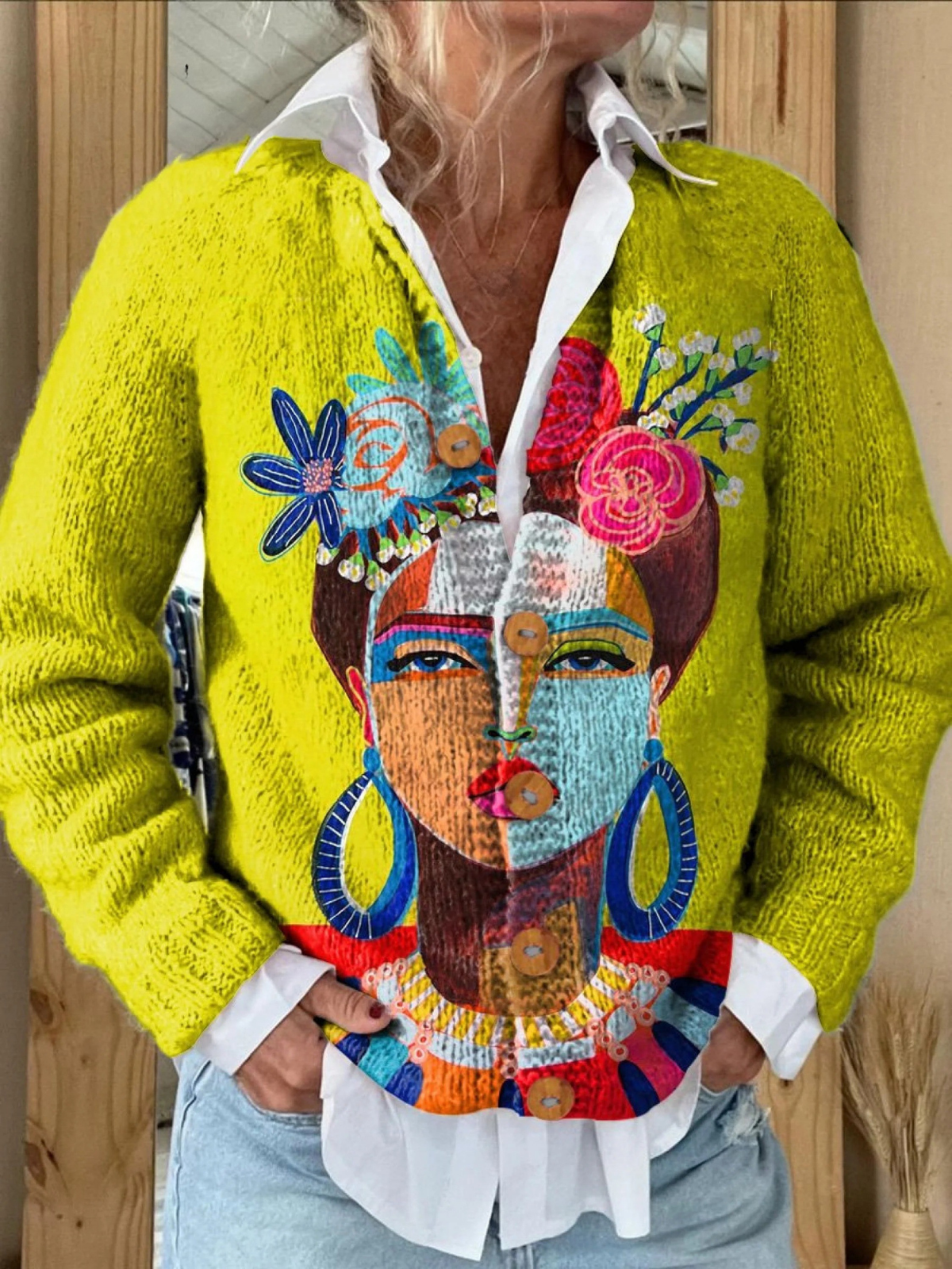Abstract Face Art Print Button Front Collared Cardigan