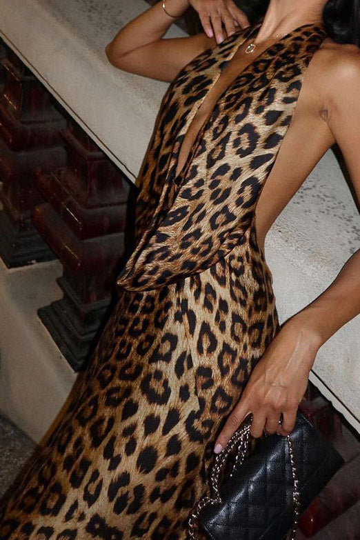 Leopard Print Halter Neck Backless Drape Maxi Gown