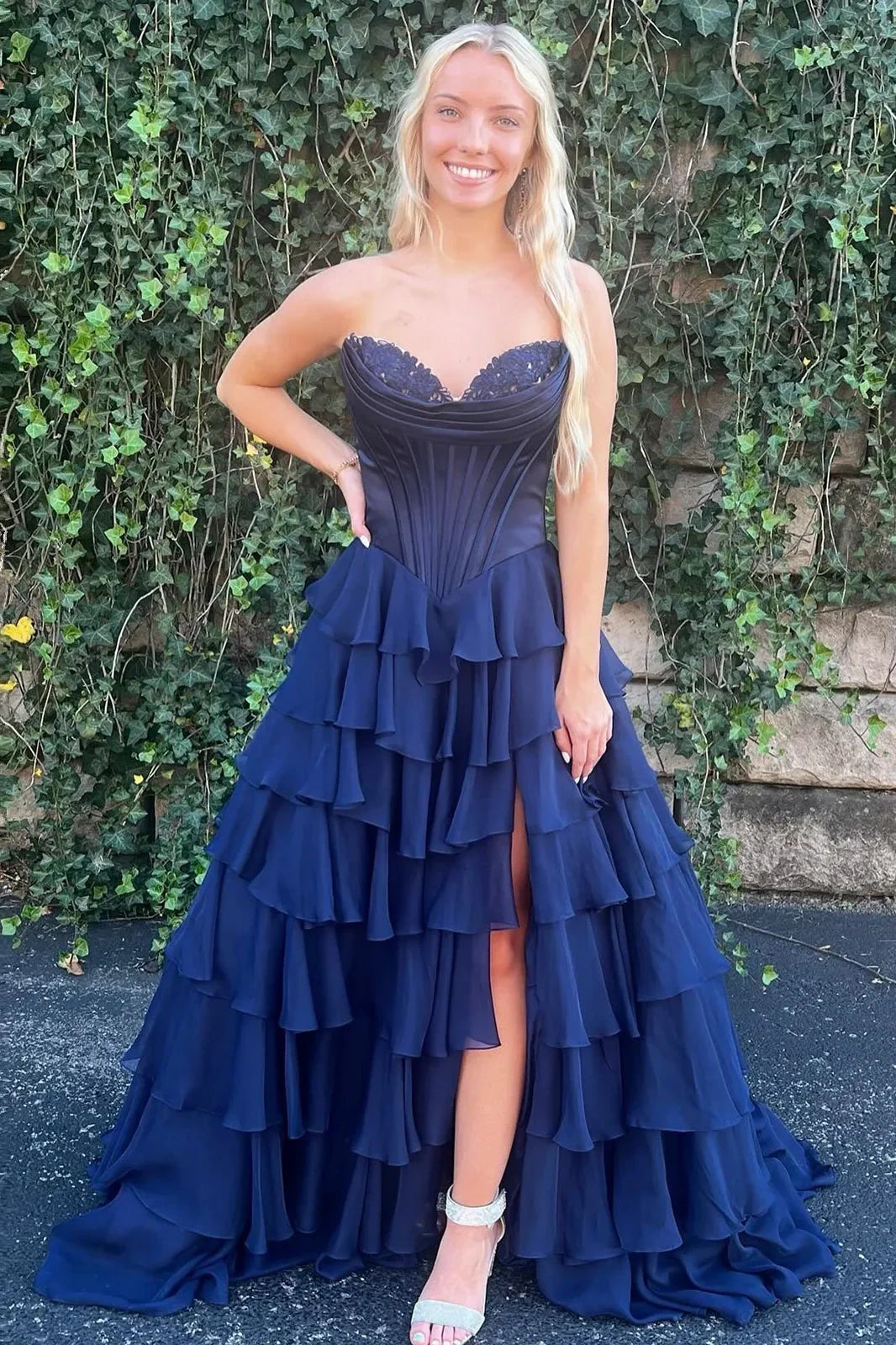 Lovely Yellow A-Line Sweetheart Long Tiered Prom Dress with Slit