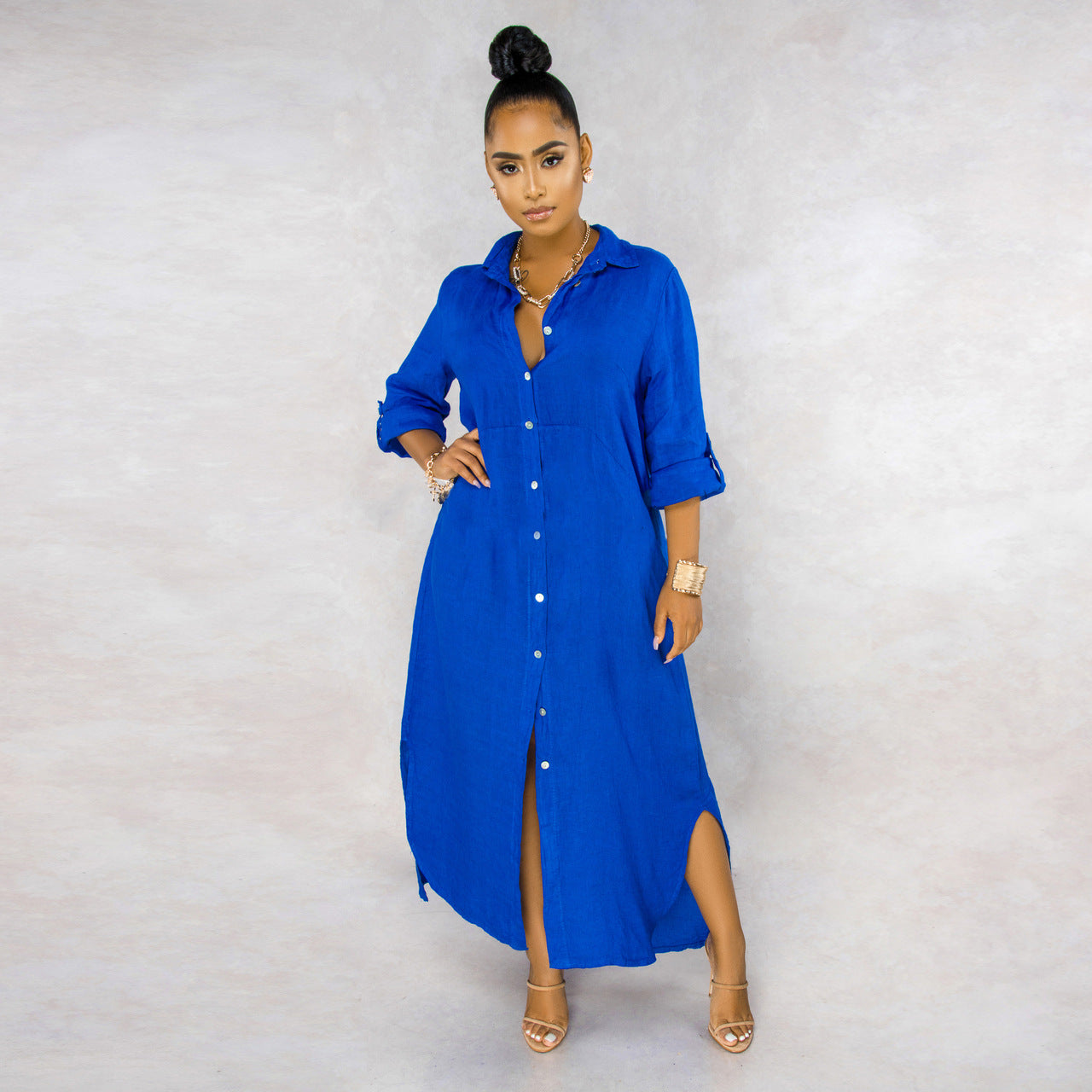 Button Down Collared Roll Tab Sleeve Box Pleat Back Oversized Maxi Shirt Dress