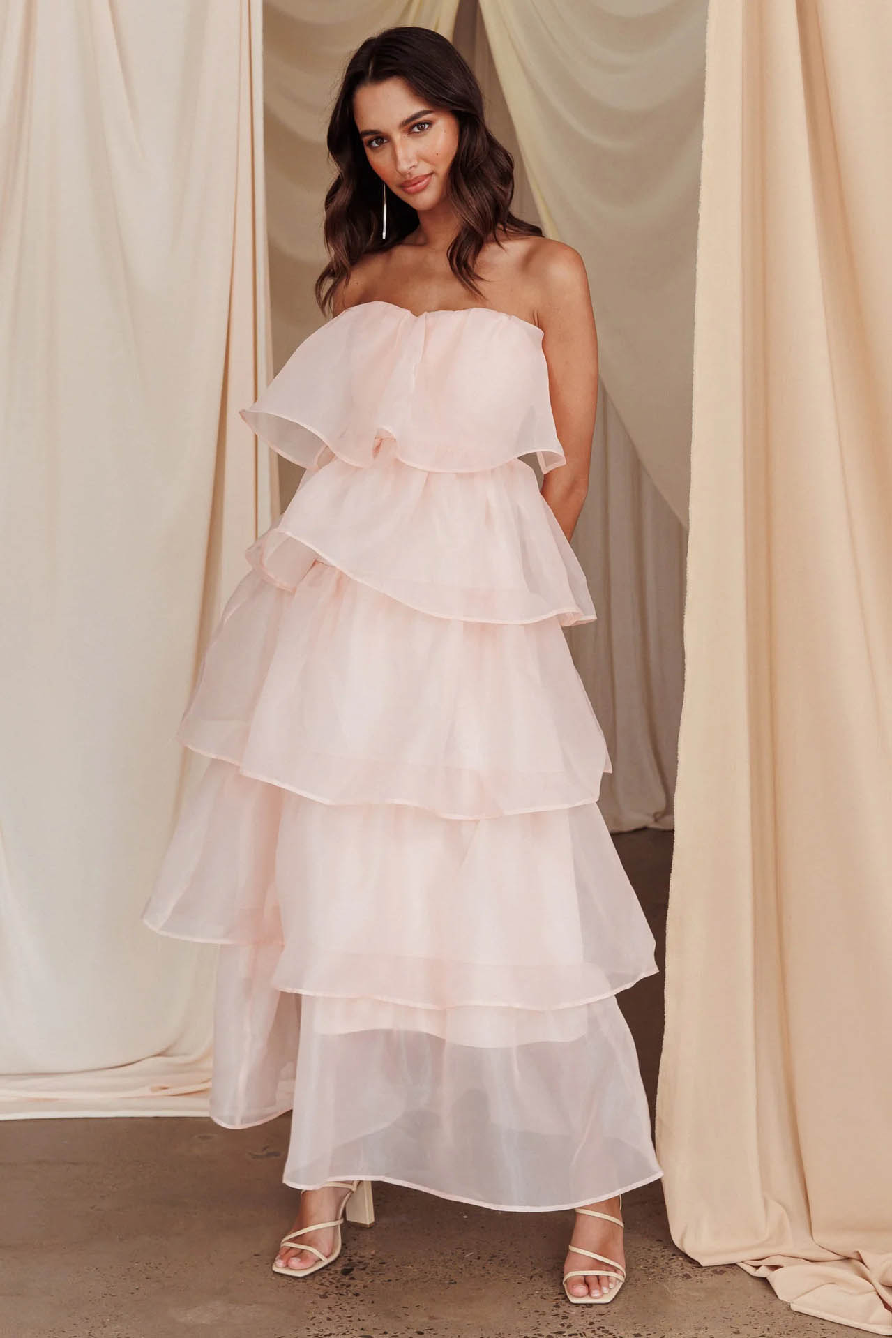 Strapless Backless Tiered Ruffle Organza Maxi Dress