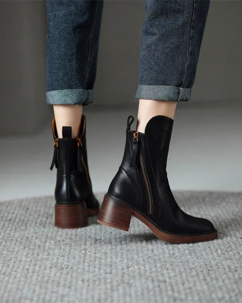 Round Toe Front Zip Block Heel Ankle Boots