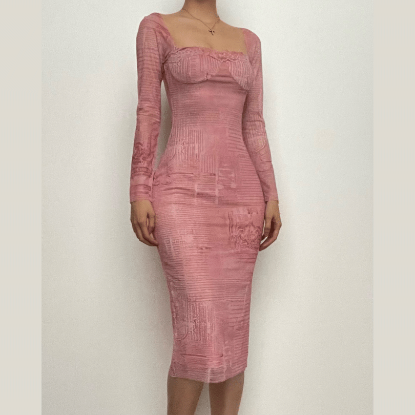 Square Neck Long Sleeve Printed Mesh Lace Trim Bodycon Midi Dress