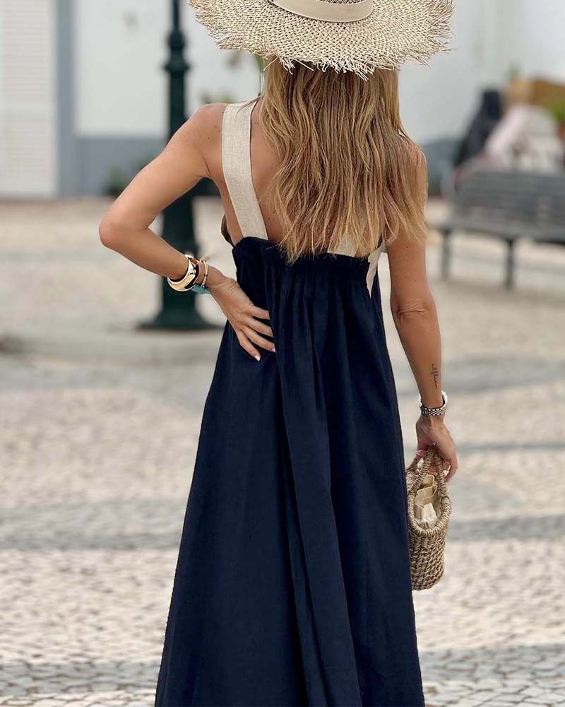 Cross Halter Neck Contrast Panel Sleeveless Draped Maxi Dress