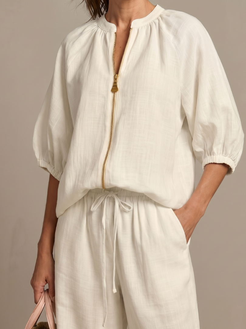 Puff Sleeve Zip Front Top and Wide Leg Pants Two Piece Set