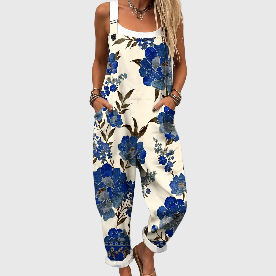Floral Print Sleeveless Pocket Wide Leg Overall Jumpsuit