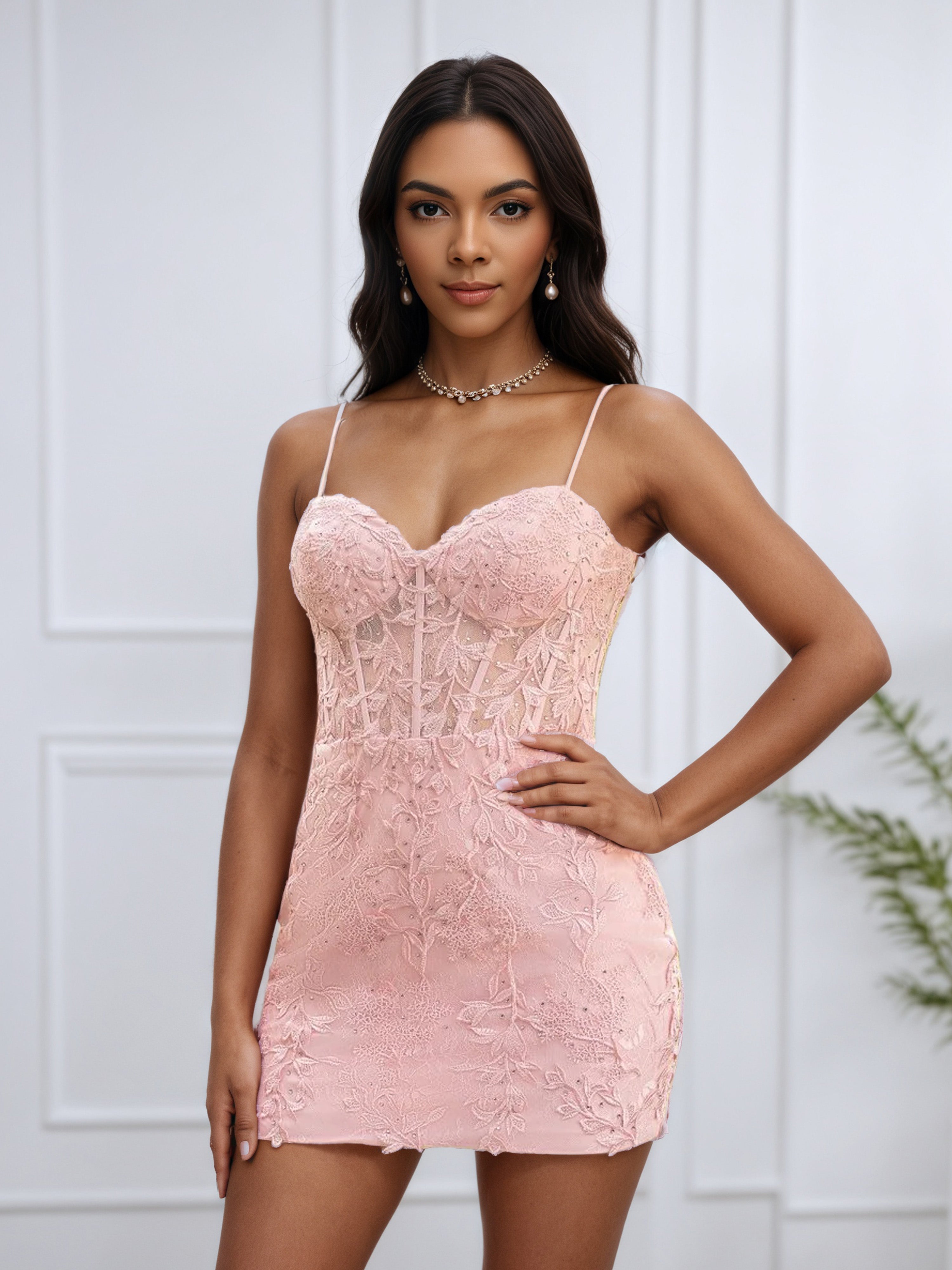 Spaghetti Straps Blush Lace Appliques Sweetheart Homecoming Dress