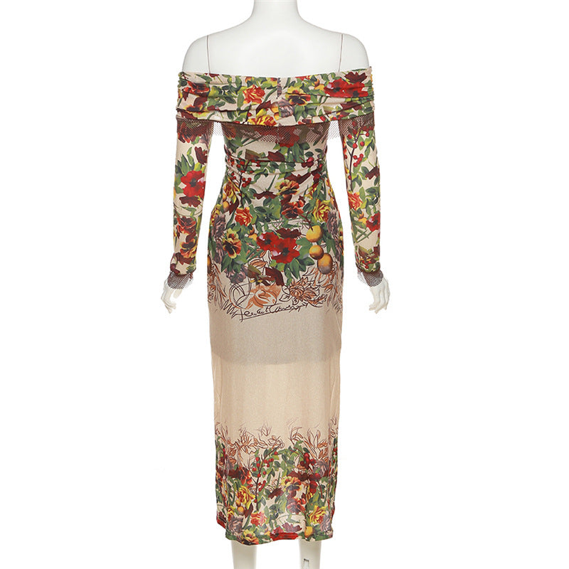 Floral Off Shoulder Long Sleeve Ruched Mesh Bodycon Midi Dress