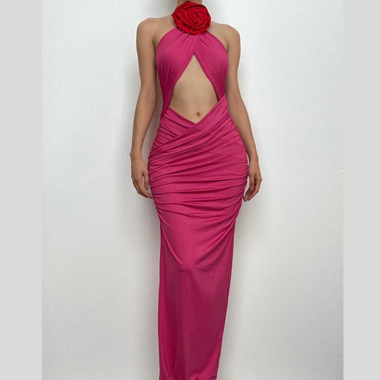 Halter Neck Flower Applique Cut Out Ruched Bodycon Maxi Dress