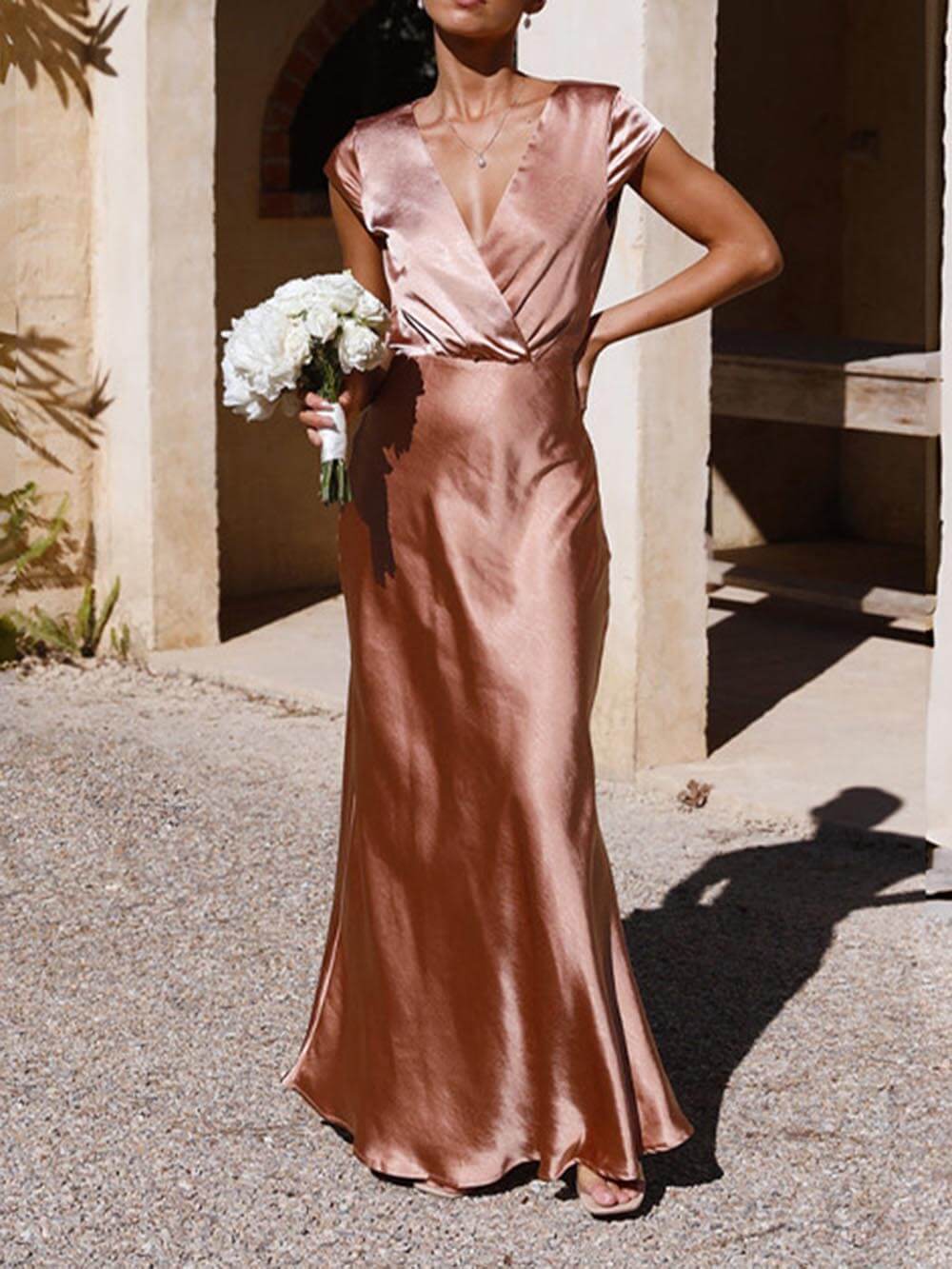 Satin Wrap V-Neck Cap Sleeve Mermaid Maxi Party Dress