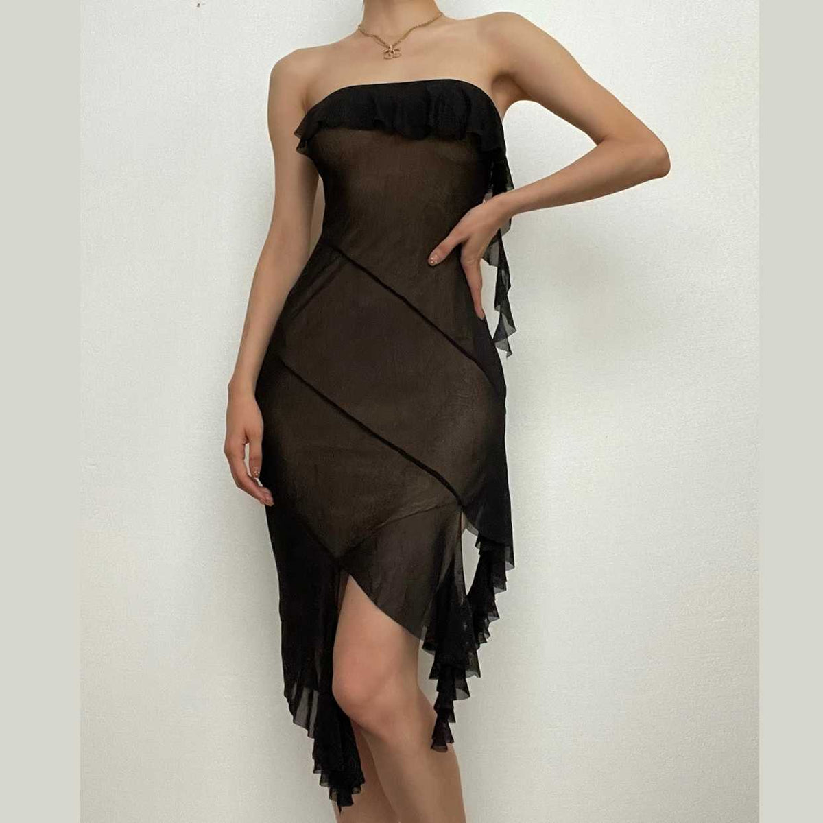Sheer Mesh Strapless Ruffle Trim Asymmetric Hem Tube Midi Dress