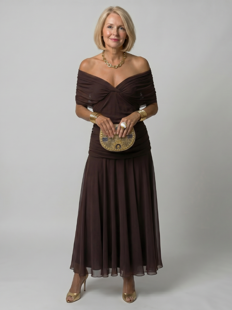Floral Print Off Shoulder Twist Front Ruched Maxi Dress