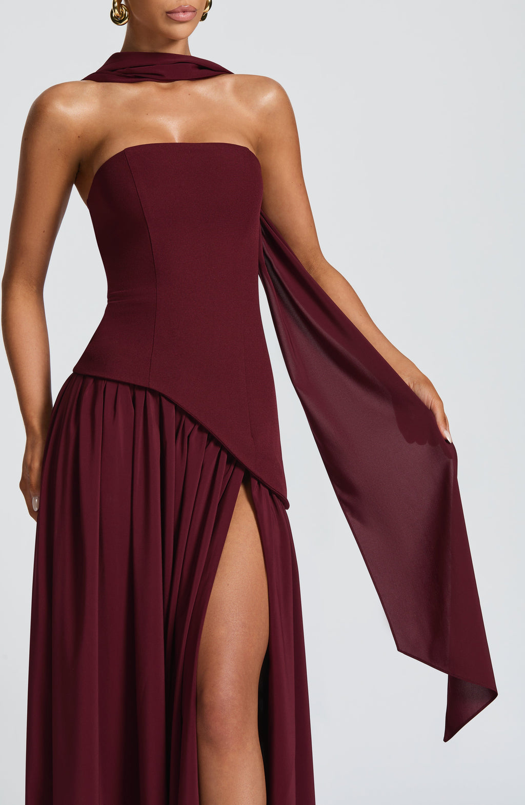 Strapless Asymmetric Drop Waist High Split Maxi Dress with Scarf 23