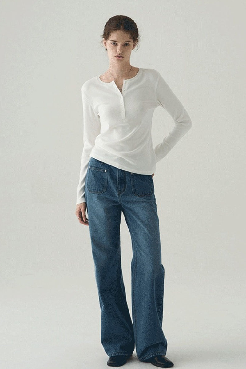 Vintage Structured Henley Long Sleeve Top