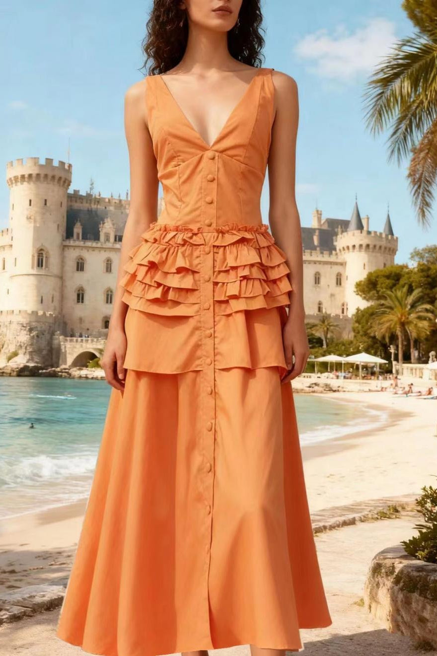 Deep V-Neck Sleeveless Corset Tiered Fit and Flare Midi Dress