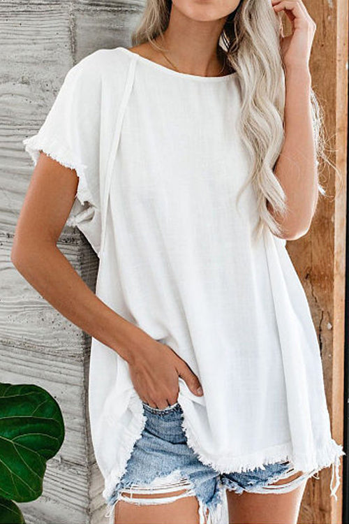 Raw Edge O Neck Short Sleeve T Shirt