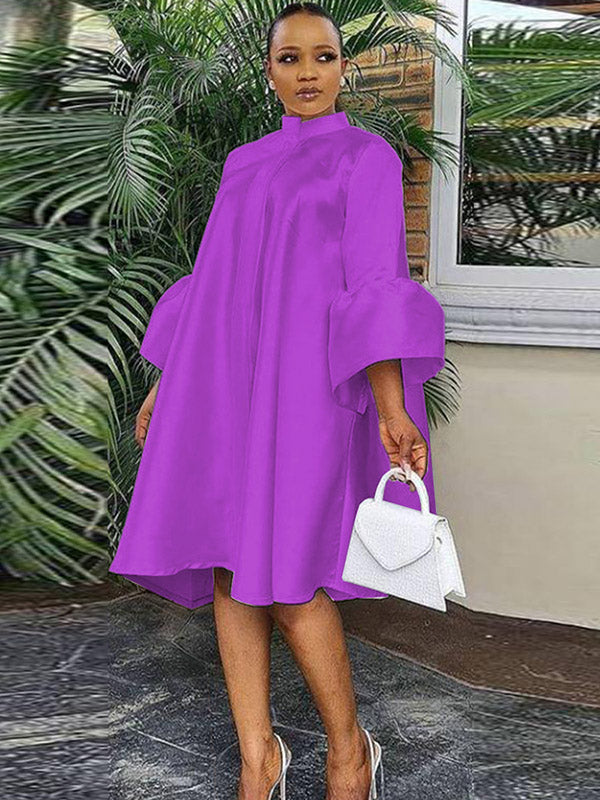 Satin Stand Collar Bell Sleeve Swing Midi Dress 3