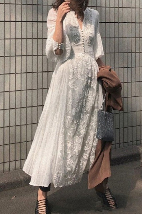 Vintage Lace Panel VNeck Embroidered Boho Dress