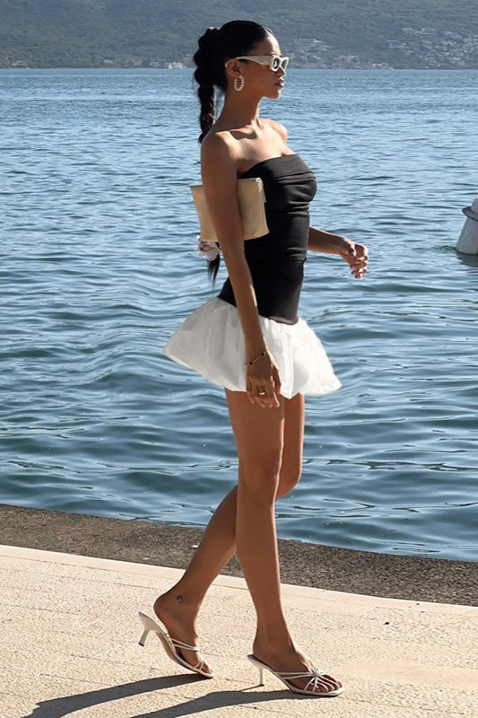 Strapless Bubble Hem Contrast Peplum Fit and Flare Mini Party Dress