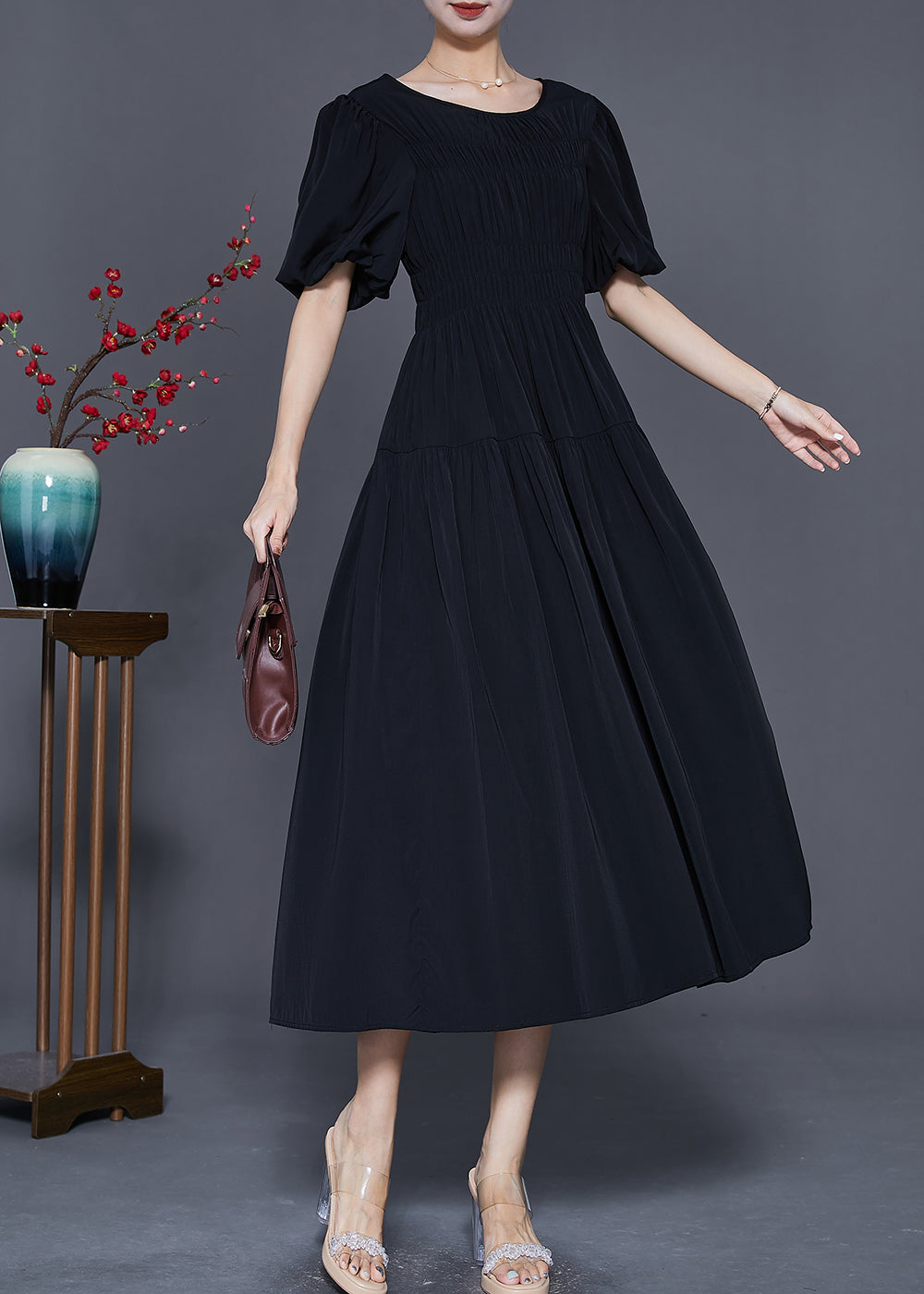 Smocked Bodice Scoop Neck Puff Sleeve Tiered A-Line Maxi Dress