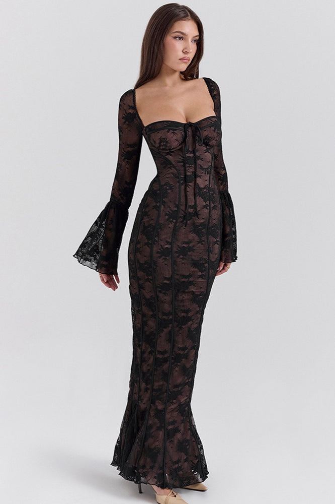 Strapless Lace Flared Backless Bodycon Maxi Lace Dress