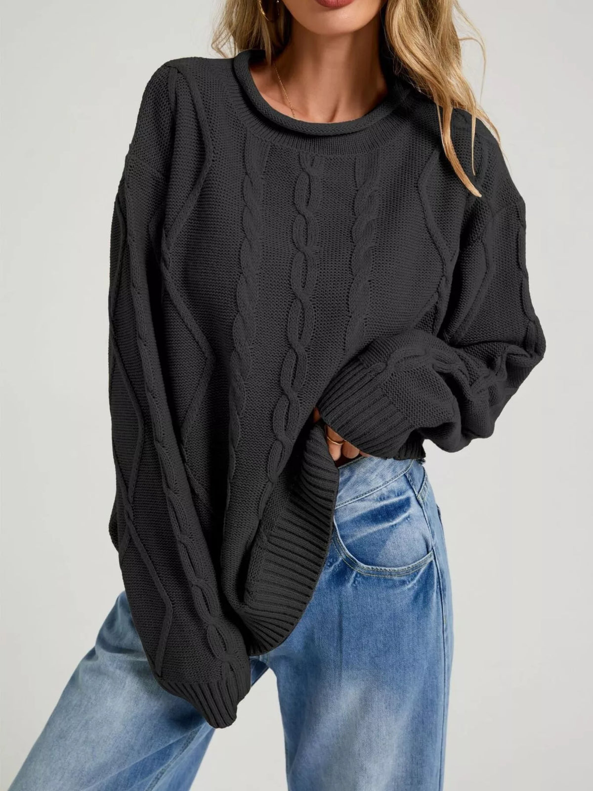 Crew Neck Long Sleeve Cable Knit Side Slit Oversized Sweater 7