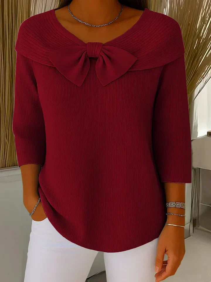 Bow Detail Foldover Neck Ribbed Knit Top