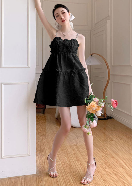 Jacquard Spaghetti Strap Pearl Rhinestone Ruffle Neck Tiered Mini Dress