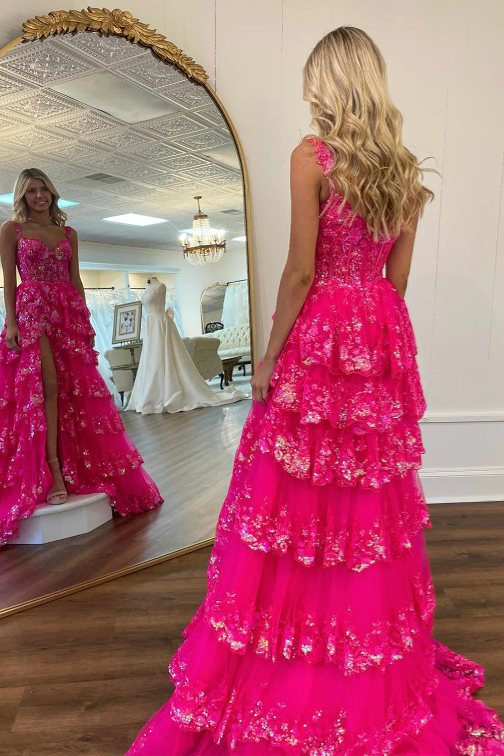 Stunning Glitter A-Line Off The Shoulder Long Tiered Prom Dress With Split