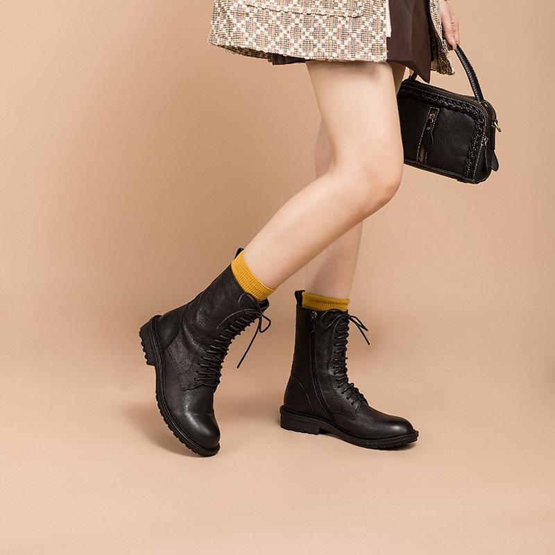 Full grain leather Combat Boots Designer Retro Chunky Buckle Boots Side Zip Brown/Black