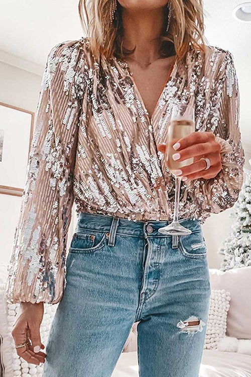 Sequin V Neck Long Sleve Top