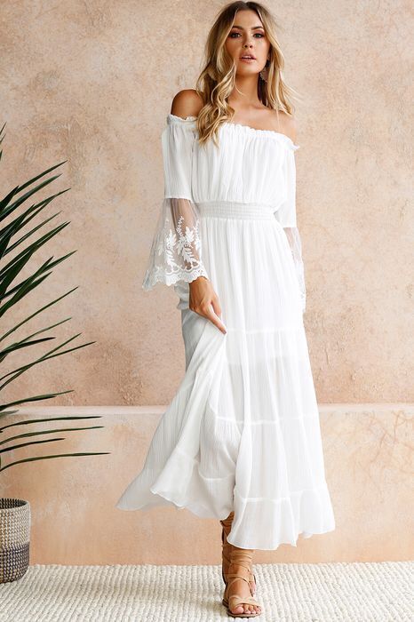 Allison Crochet Off The Shoulder Maxi Dress Ivory