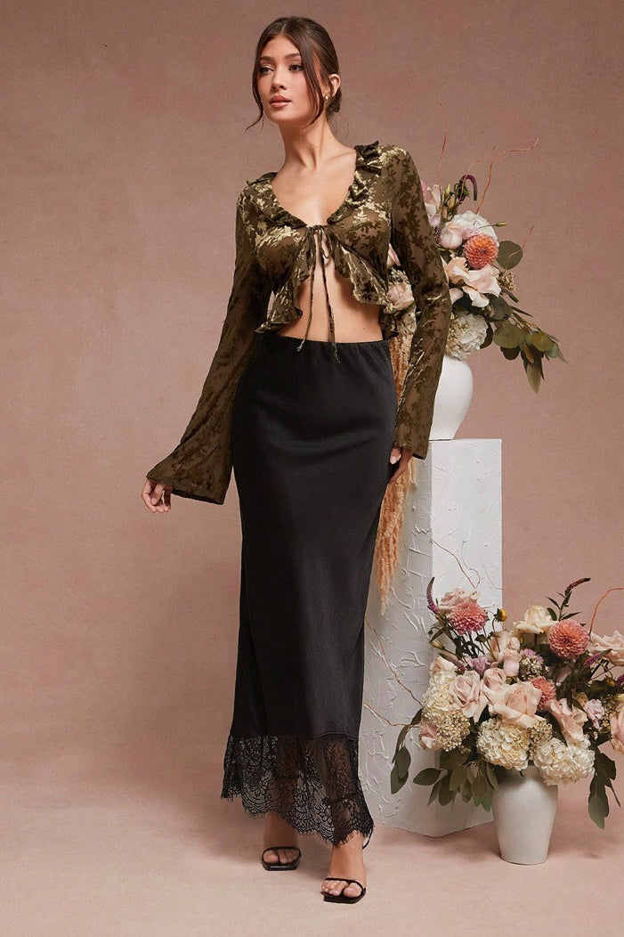 Satin High Waist Lace Trim Hem Maxi Slip Skirt