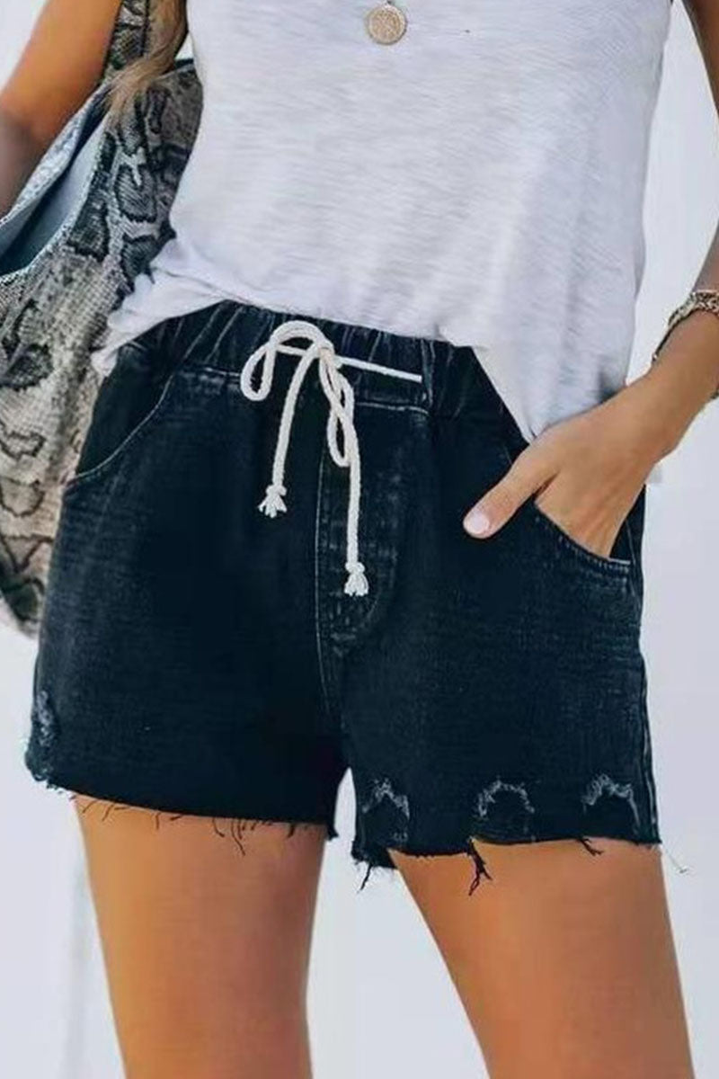 Fashion Street Solid Ripped Mid Waist Straight Denim Shorts