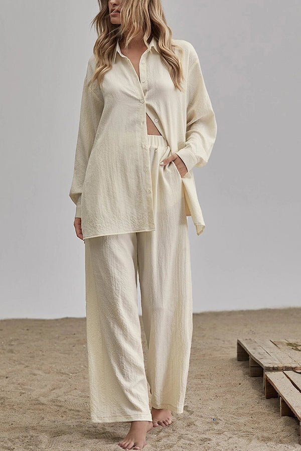 Button Blouse Wide Leg Pants Set