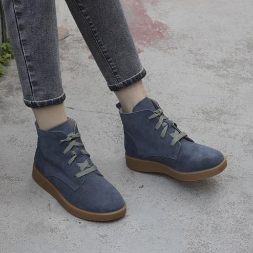 Nubuck Leather Boots Fur Lining Casual Ankle Boots Light Apricot/Dark Blue