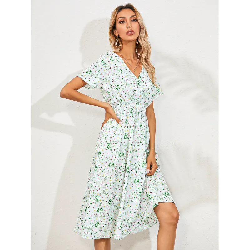 Wrap V-Neck Flutter Sleeve Smocked Waist A-Line Midi Summer Dress