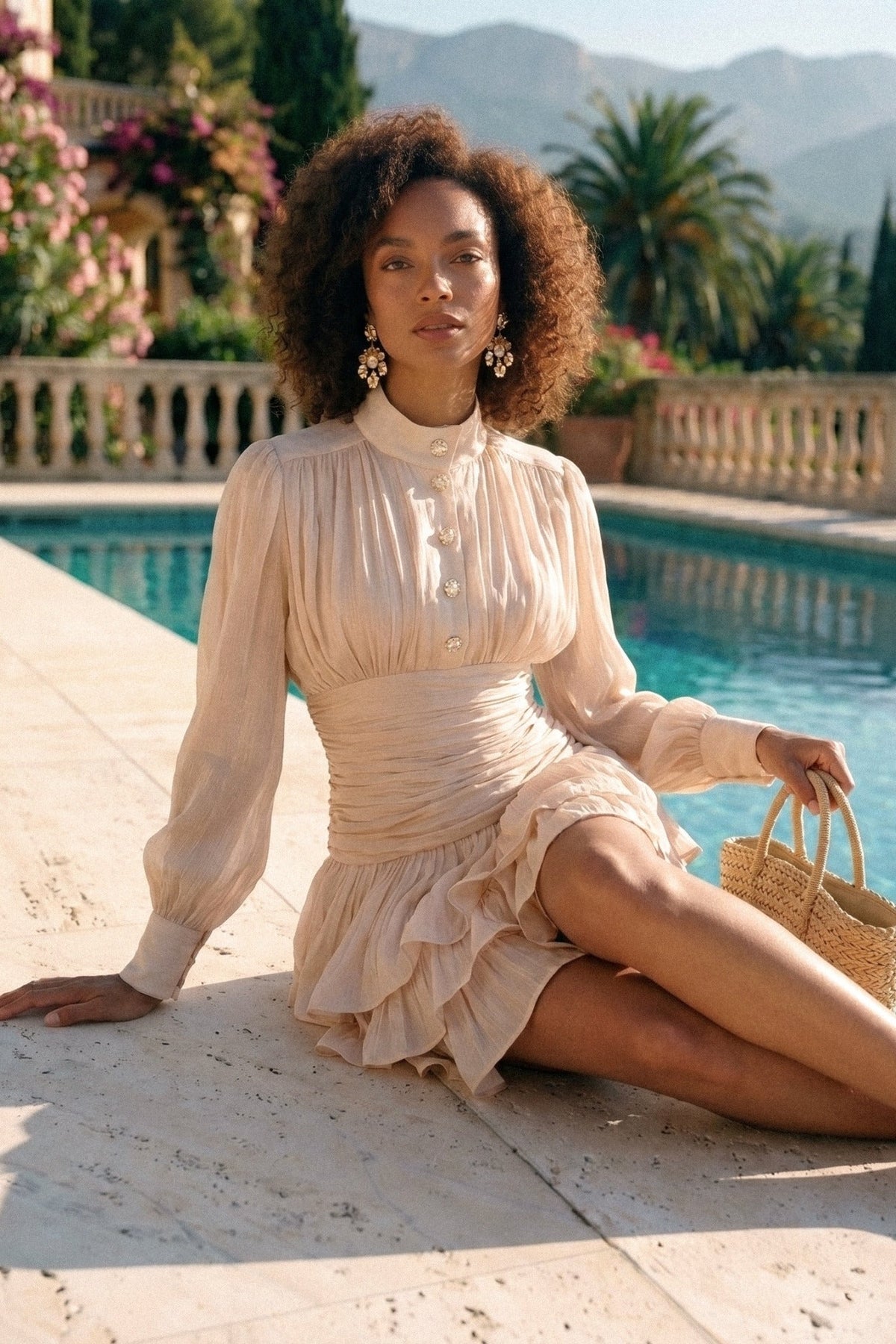 High Neck Balloon Sleeve Ruched Waist Tiered Ruffle Mini Dress 3