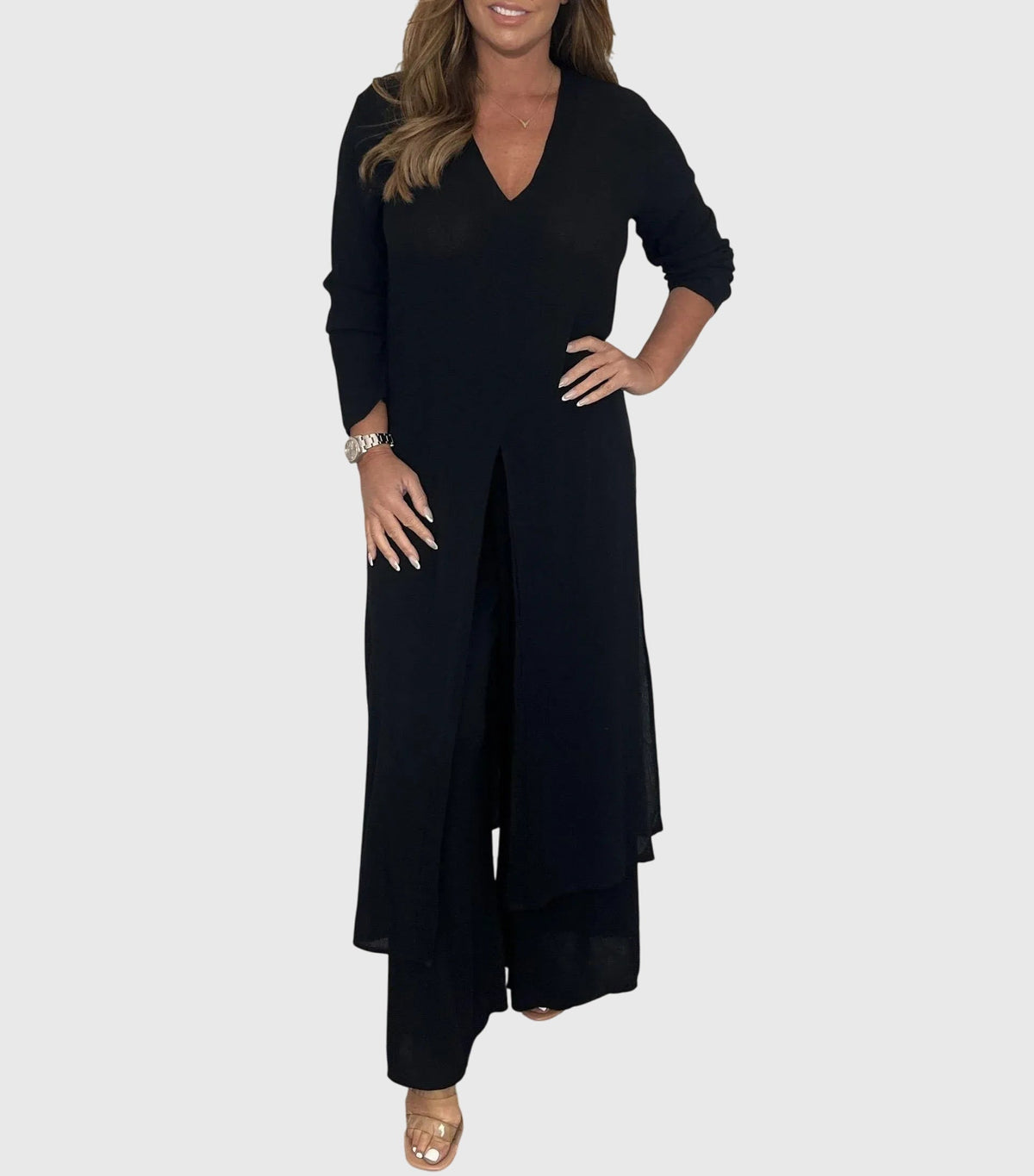 Long Sleeve Side Slit Longline Top and Wide Leg Pants Two Piece Set