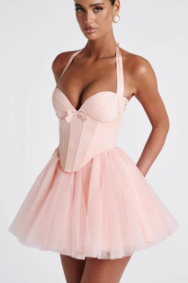Tulle Halter Neck Corset Tiered Mini Dress