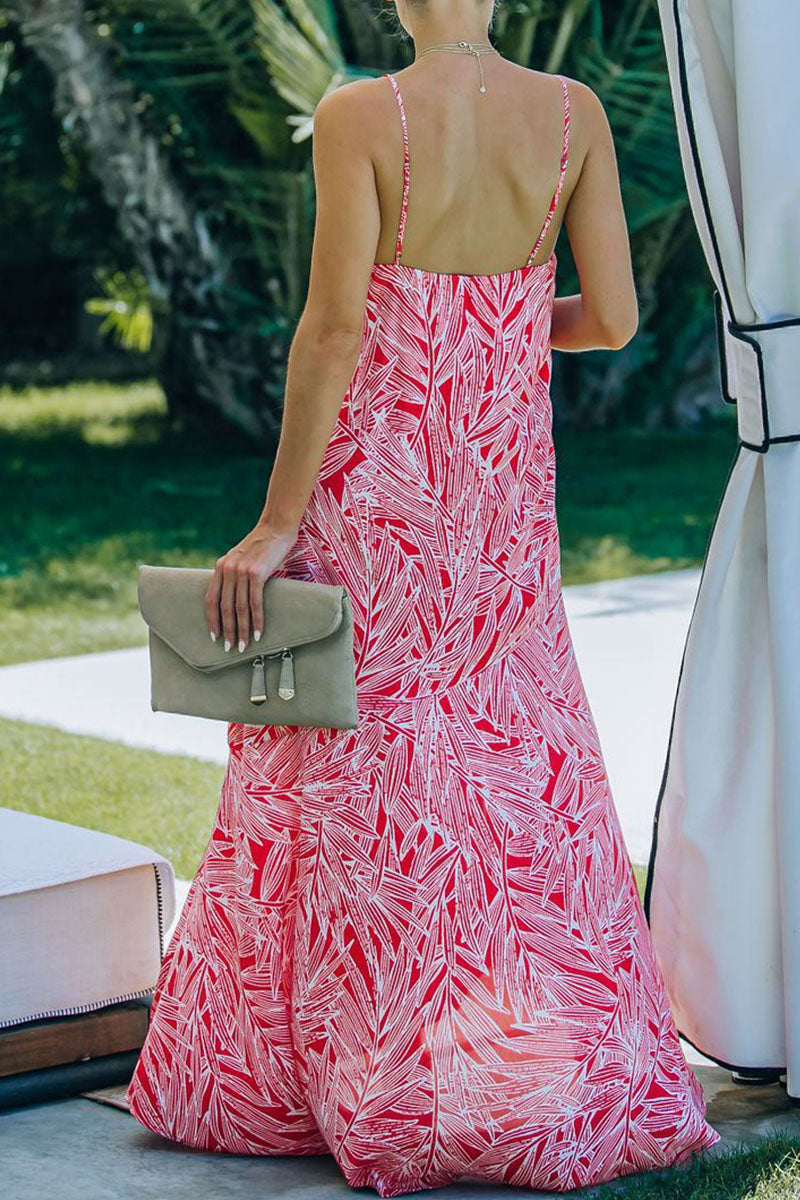 Fashion Vacation Print Slit V Neck Princess Dresses