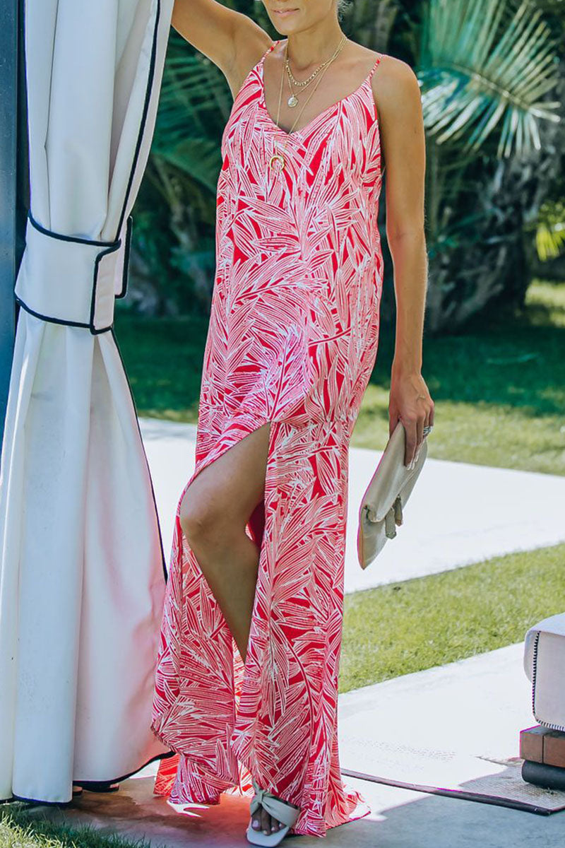 Fashion Vacation Print Slit V Neck Princess Dresses