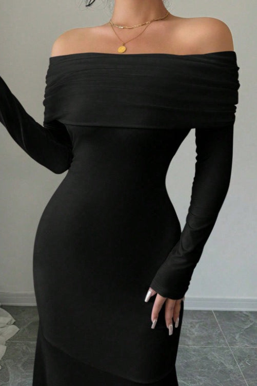 Off Shoulder Long Sleeve Ruched Mermaid Maxi Dress