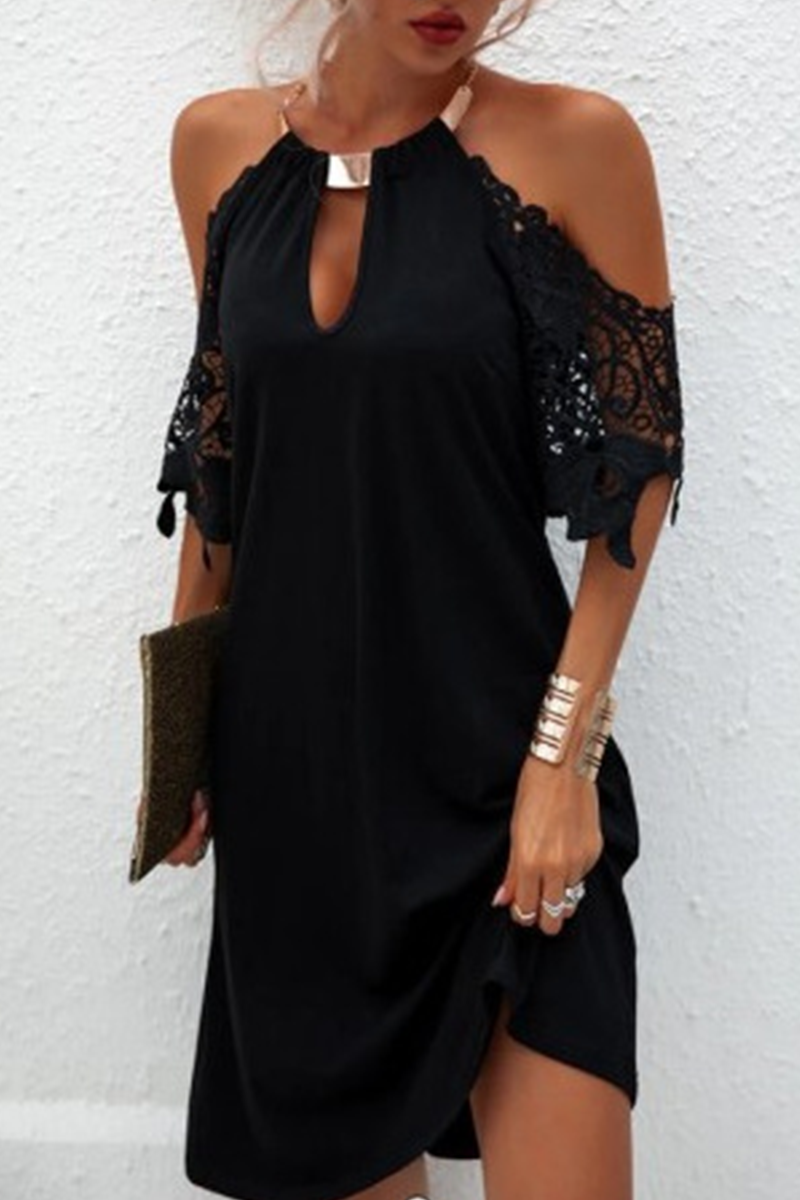 Cold Shoulder Lace Sleeve Metal Collar Keyhole Shift Mini Dress
