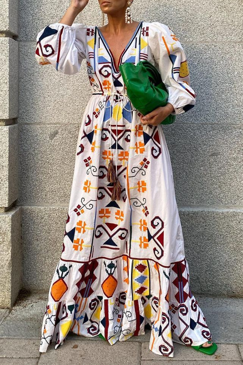 Geometric Print Deep V-Neck Puff Sleeve Drawstring Tiered Maxi Dress