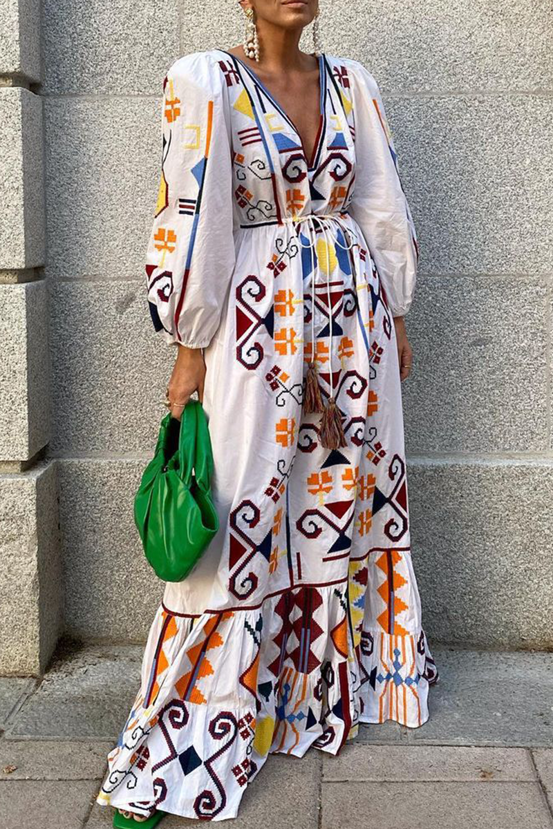 Geometric Print Deep V-Neck Puff Sleeve Drawstring Tiered Maxi Dress